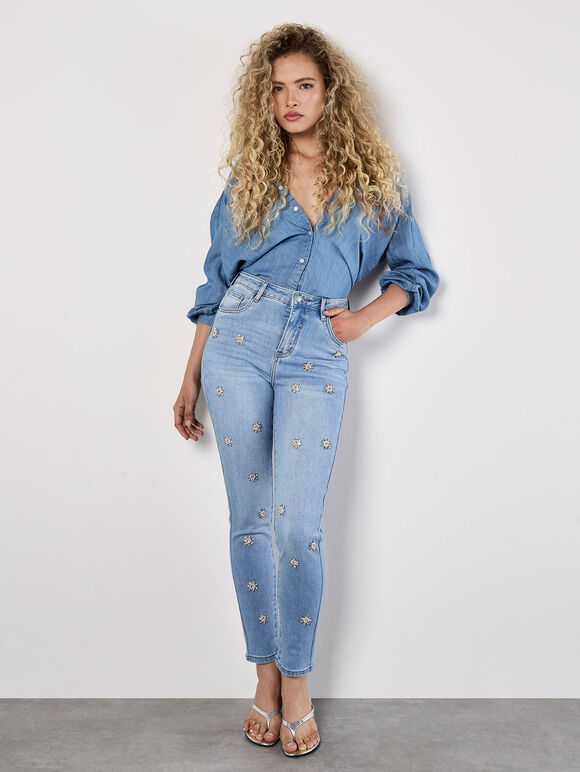 Slim Fit Rhinestone Pearl Jeans, Blue, large