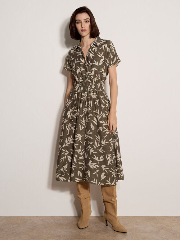 Textured Leaf Shirt Midi Dress, Khaki, large