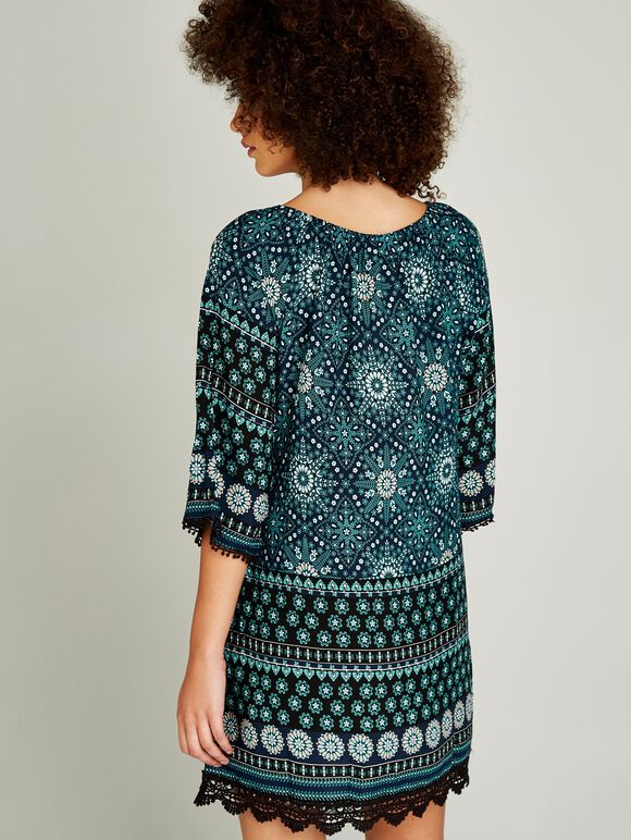 Tribal Print Tunic Dress, Navy, large