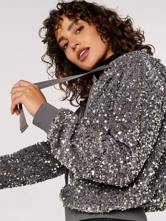 Sequin-Embellished Bomber Jacket, Light Grey / Silver, large