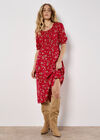 Ditsy Floral Milkmaid Midi Dress, Red, large