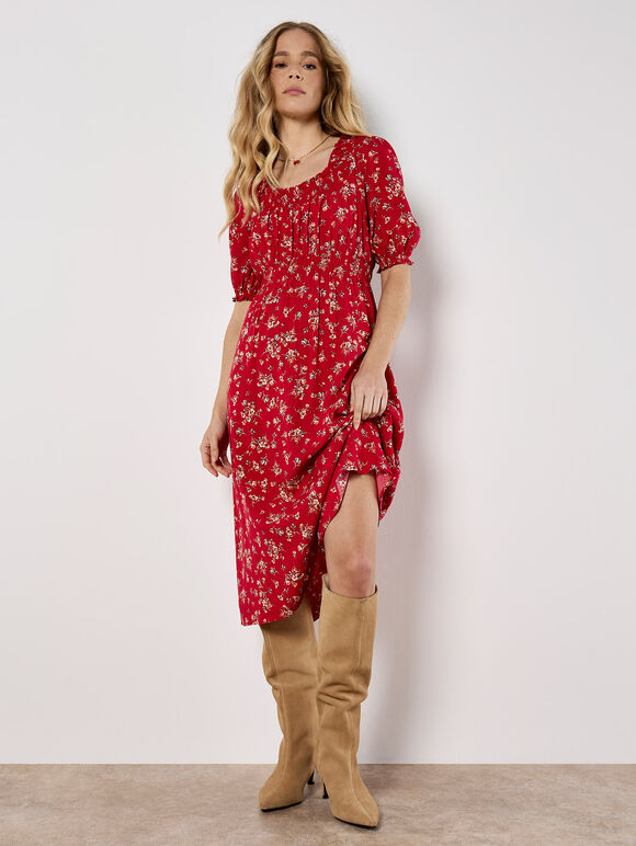 Ditsy Floral Milkmaid Midi Dress, Red, large