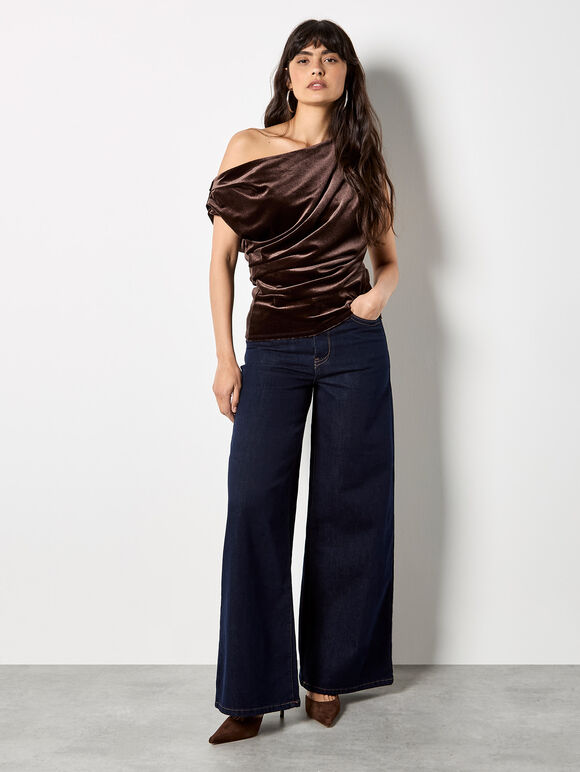 Draped One-Shoulder Asymmetric Velvet Top, Brown, large