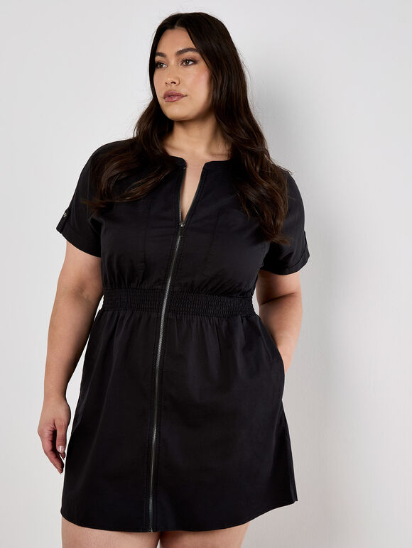 Cotton Blend Utility Mini Dress, Black, large