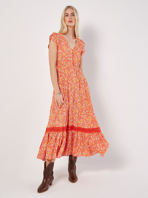 Ditsy Floral Maxi Dress, Orange, large