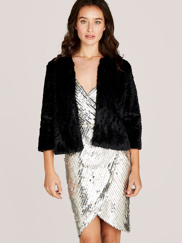 Black Faux Fur Jacket, Black, large