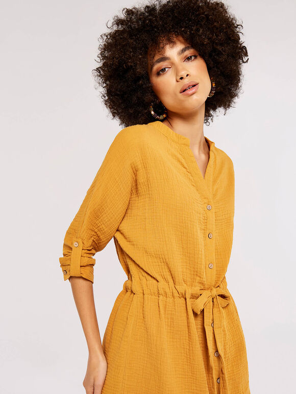 Tetra-Tie Mini Shirt Dress, Mustard, large