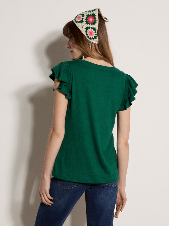 Soft Slub Ruffle Sleeve T-Shirt, Green, large