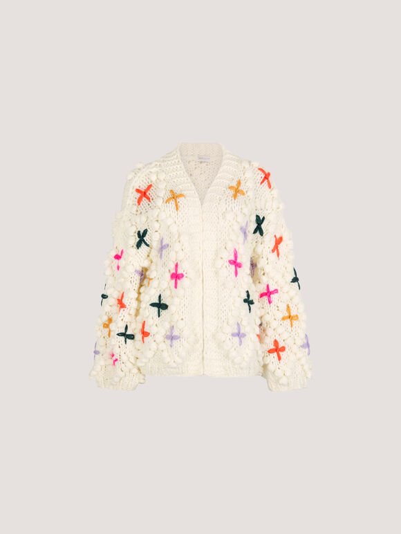 Chunky Knit 3D Flower Cardigan, Cream, large