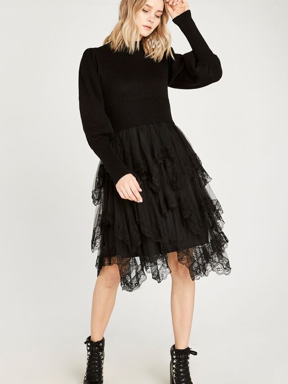 Mesh Skirt Jumper Dress, Black, large