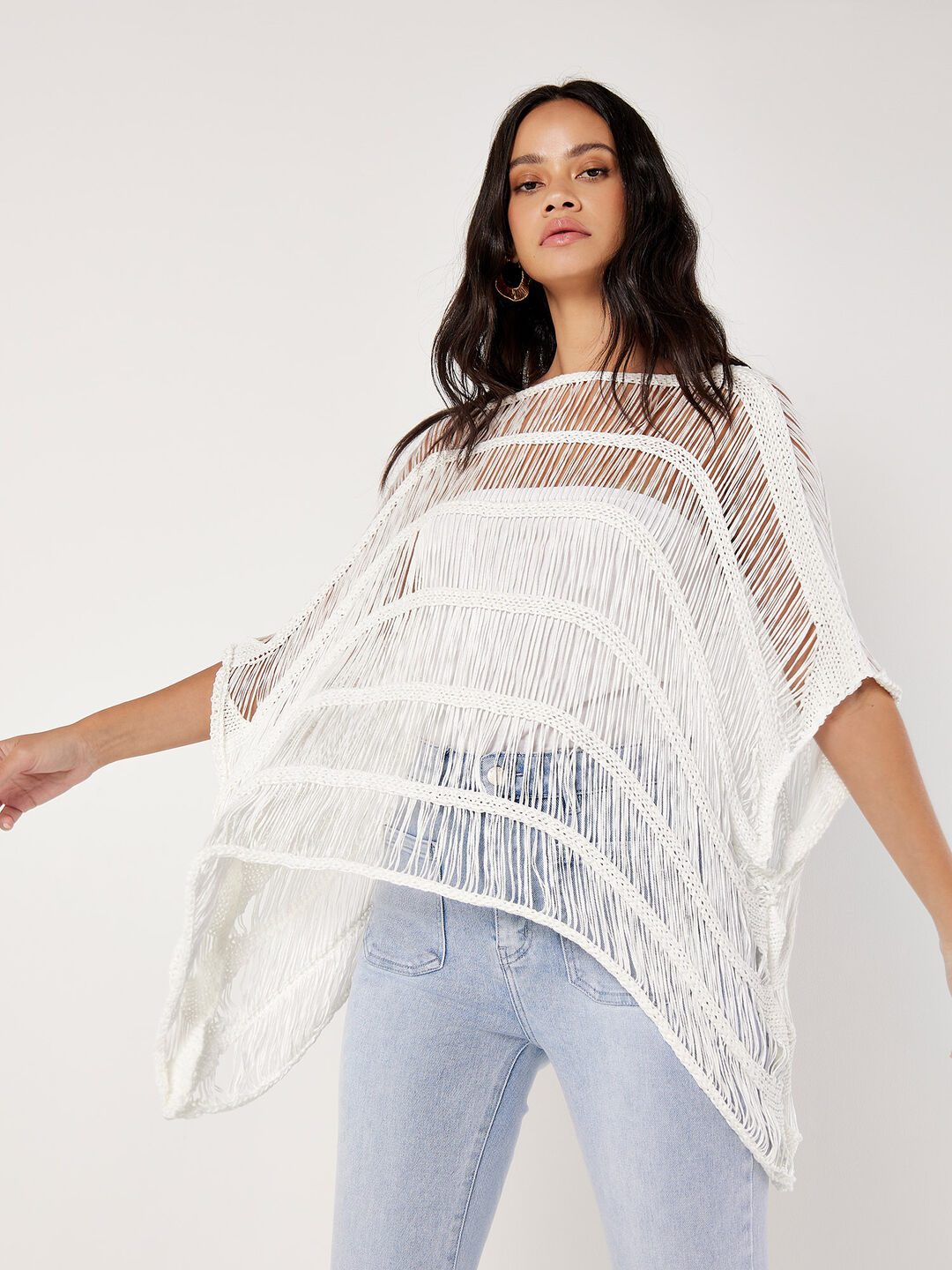 Open Knit Cotton Blend Poncho Apricot Clothing - Main Image