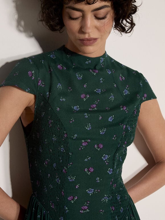 Floral Crepe Smocked Midi Dress, Green, large