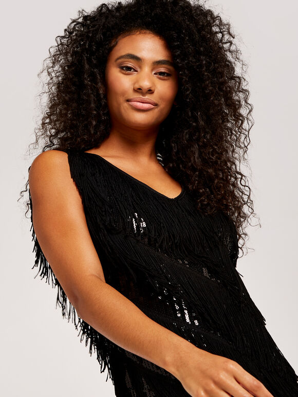 Sequin & Tassel Mini Dress, Black, large