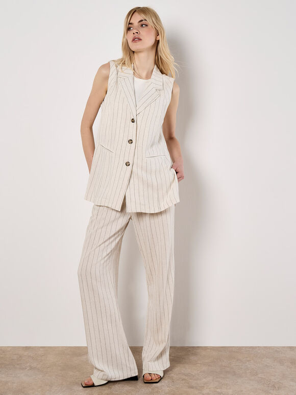 Longline Woven Pinstripe Waistcoat, Stone, large