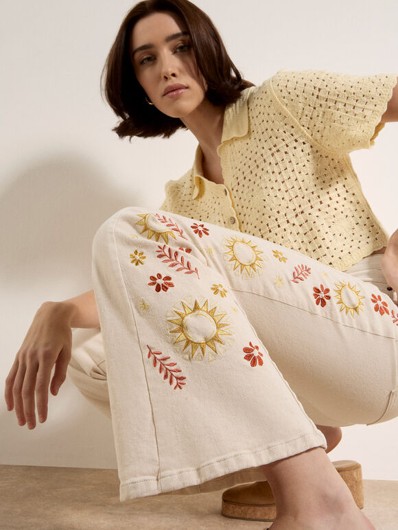 Lulu Floral Embroidered Flare Jeans, Cream, large