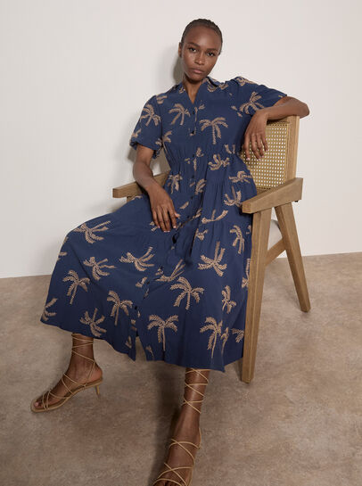 Embroidered Palms Cotton Midi Dress
