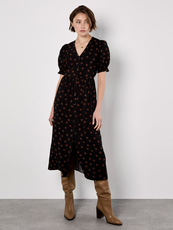 Polka Dot Button-Down Midi Dress, Black, large