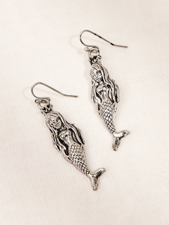 Silver Tone Mermaid Hook Earrings, Assorted, large