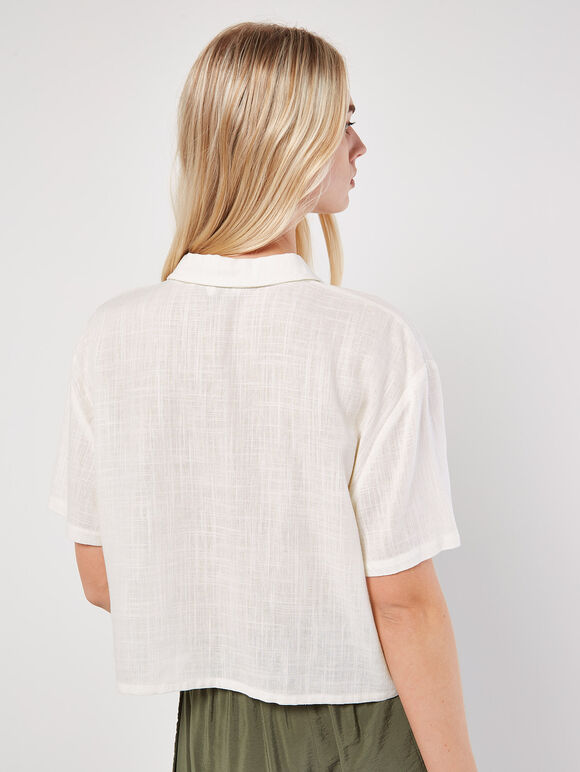 Linen Blend Boxy Shirt, Cream, large