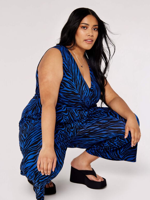 Curve Zebra Print Jumpsuit, Blue, large