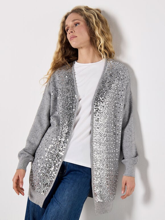 Sequin Embellished Long Cardigan, Grey, large