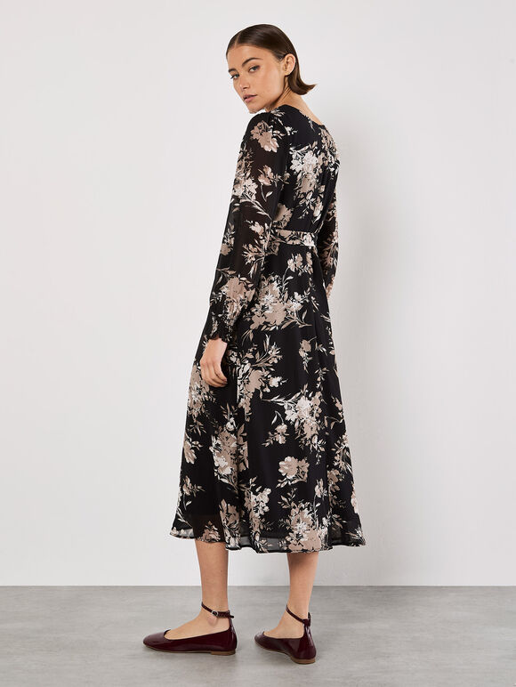 Silhouette Floral Chiffon Midaxi Dress, Black, large