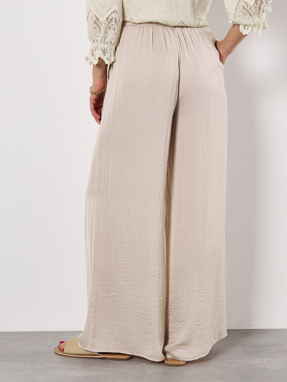 Textured Satin Wide Leg Trousers, Stone, large