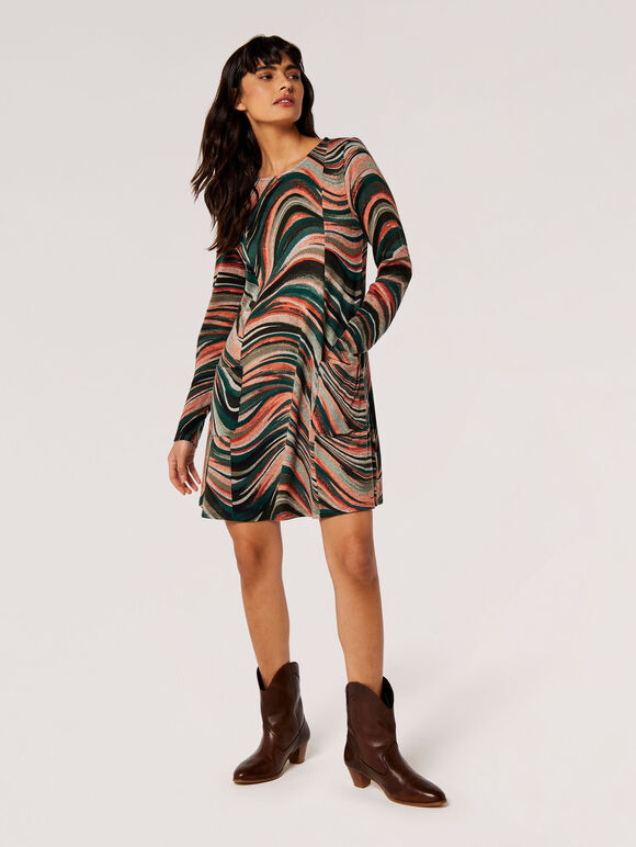 Swirl Jersey Knit Swing Mini Dress, Orange, large