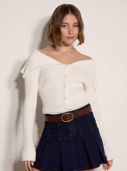 Wide Collar Ribbed Knit Cardigan