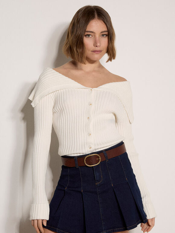 Wide Collar Ribbed Knit Cardigan, Cream, large