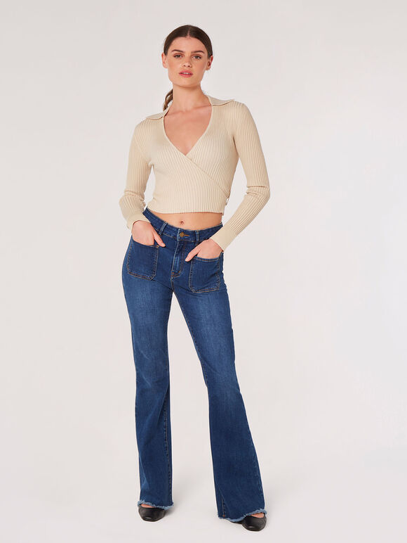 Ribbed Wrap Crop Top, Stone, large