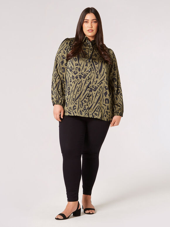 Curve Animal Print Satin Shirt, Khaki, large