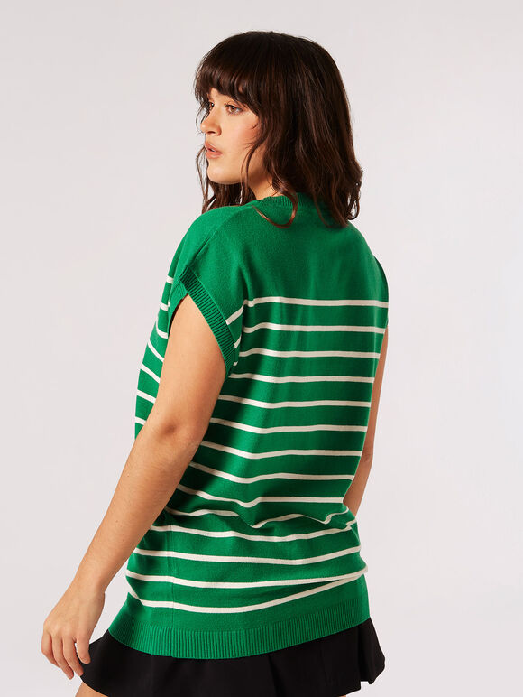 Breton Stripe Longline Knitted Top, Green, large