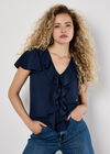 Ruffle Front Woven Top, Navy, large