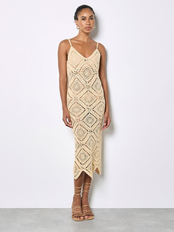 Hand-Knit Crochet Midi Dress, Stone, large