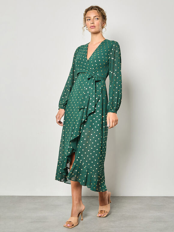 Gold Foil Polka Dot Chiffon Maxi Dress, Green, large
