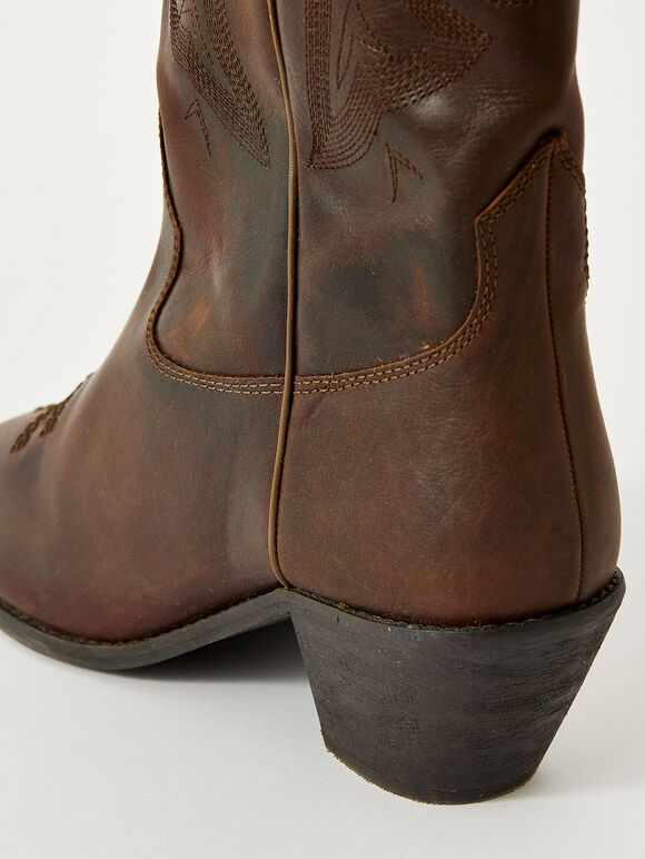 Brown Cowboy Leather Boots, Brown, large