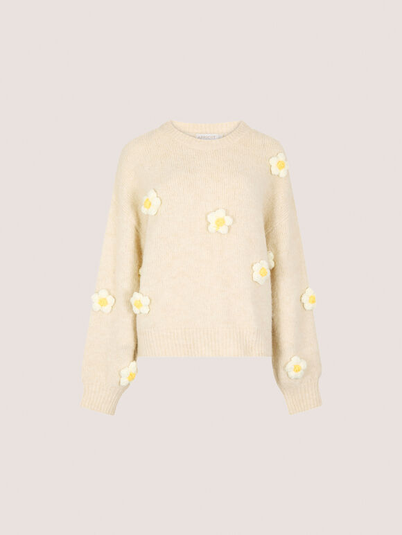 3D Daisy Embellished Oversized Jumper, Stone, large