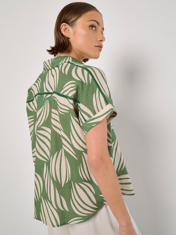 Linen Blend Shell Print Shirt, Green, large