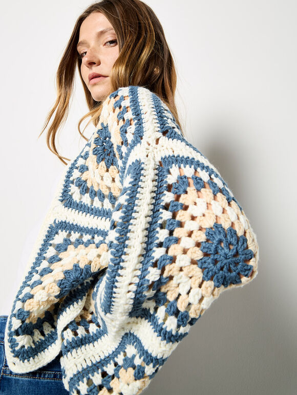 Hand-Knit Crochet Squares Cardigan, Cream, large