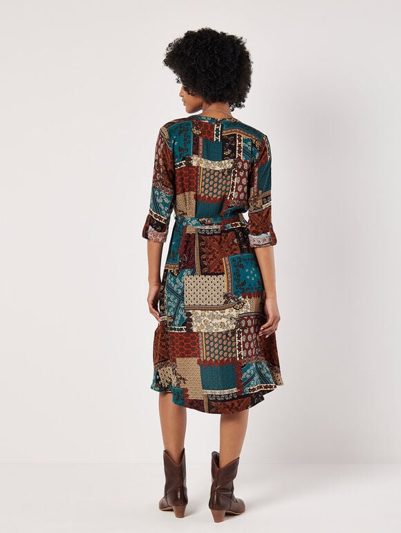 Patchwork Paisley Shirt Mini Dress, Rust, large