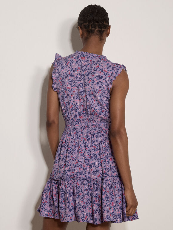 Ditsy Floral Ruffle Mini Dress, Purple, large