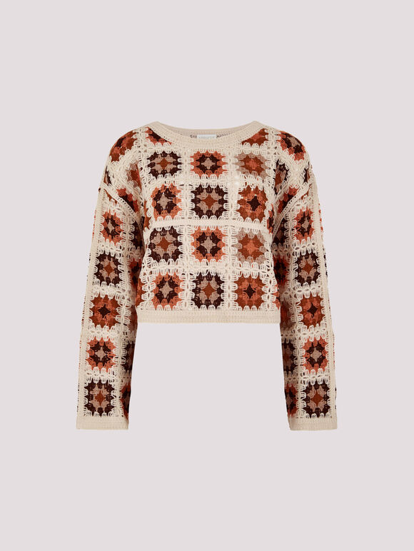 Crochet Squares Cropped Jumper, Stone, large