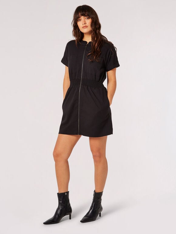 Cotton Blend Utility Mini Dress, Black, large