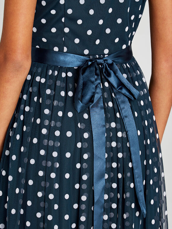 Navy Polkadot Mesh Ribbon Tie Midi Dress, Navy, large