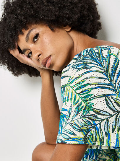 Palm Print Cotton Broderie Mini Dress