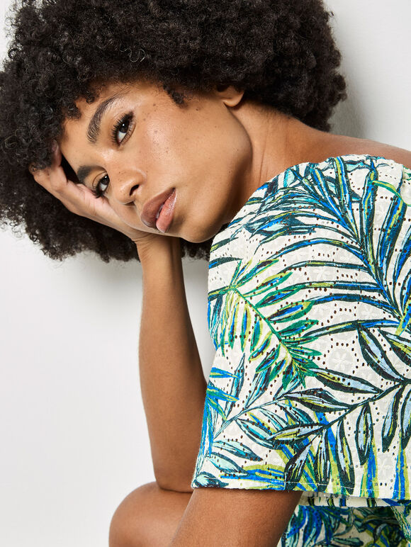 Palm Print Cotton Broderie Mini Dress, White, large