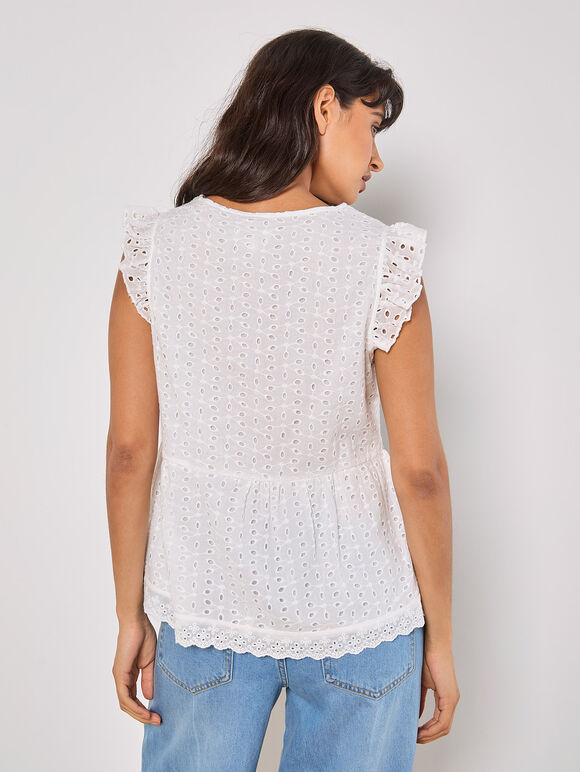 Cotton Broderie Ruffle Shoulder Top, White, large