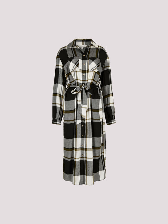 Large Check Shirt Midi Dress, White, large