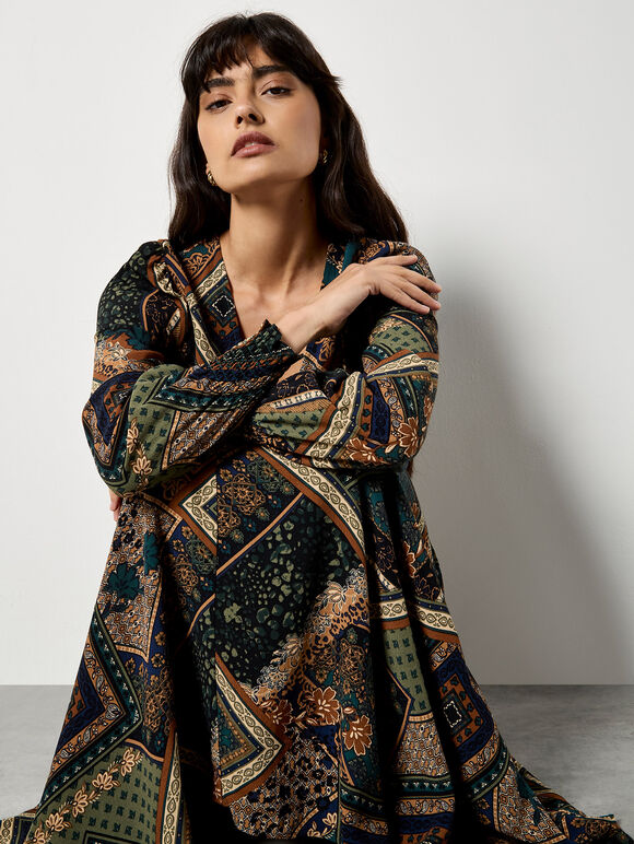 Patchwork Print Hanky Hem Midaxi Dress, Green, large